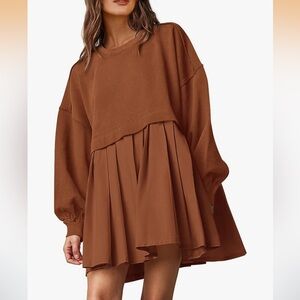 Pleated Sweatshirt Long Sleeve Dress Mini Dress in Rust, Size M